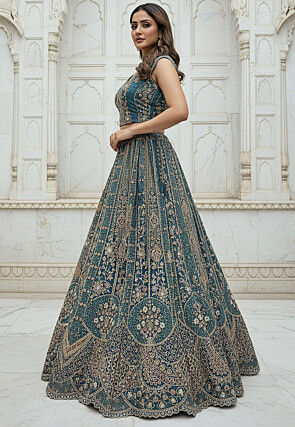 Embroidered Organza Lehenga in Teal Blue