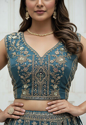 Embroidered Organza Lehenga in Teal Blue