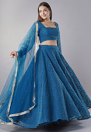 Embroidered Organza Lehenga in Teal Blue