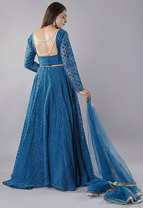 Embroidered Organza Lehenga in Teal Blue