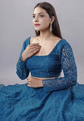 Embroidered Organza Lehenga in Teal Blue