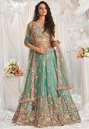 Embroidered Organza Lehenga in Teal Green