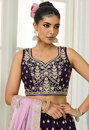 Embroidered Organza Lehenga in Wine