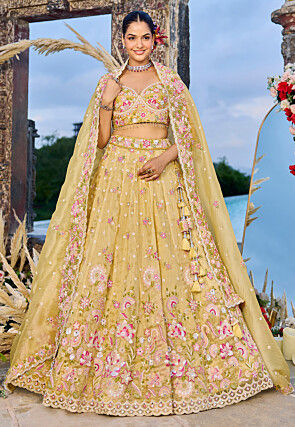 Embroidered Organza Lehenga in Yellow