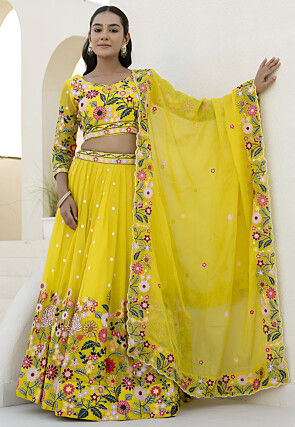 Embroidered Organza Lehenga in Yellow