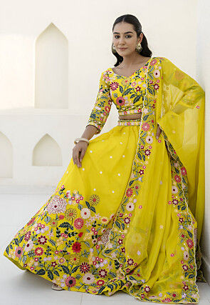 Embroidered Organza Lehenga in Yellow