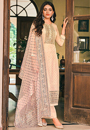 Embroidered Organza Pakistani Suit in Beige