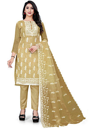Embroidered Organza Pakistani Suit in Beige