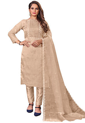 Embroidered Organza Pakistani Suit in Beige