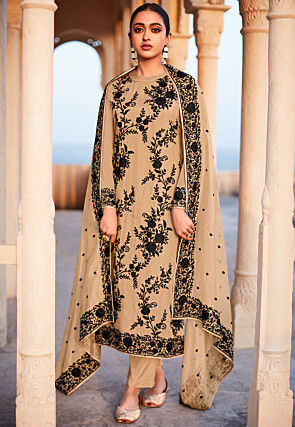 Embroidered Organza Pakistani Suit in Beige