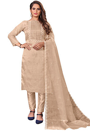 Embroidered Organza Pakistani Suit in Beige