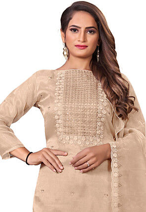 Embroidered Organza Pakistani Suit in Beige