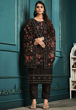 Embroidered Organza Pakistani Suit in Black