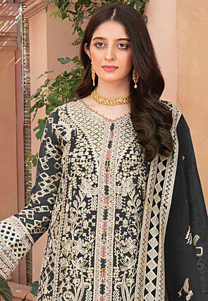Embroidered Organza Pakistani Suit in Black
