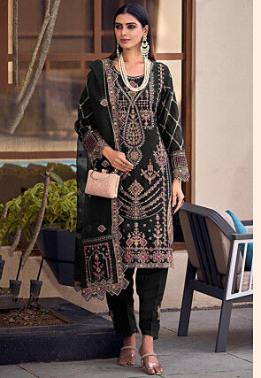 Embroidered Organza Pakistani Suit in Black