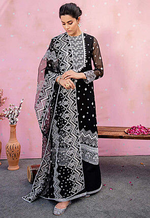Embroidered Organza Pakistani Suit in Black