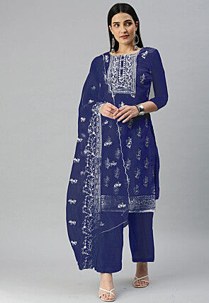 Embroidered Organza Pakistani Suit in Navy Blue
