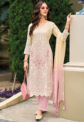 Embroidered Organza Pakistani Suit in Cream and Light Pink