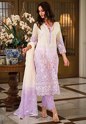 Embroidered Organza Pakistani Suit in Cream and Light Purple