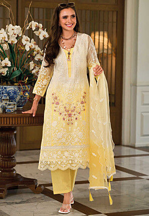 Embroidered Organza Pakistani Suit in Cream and Yellow