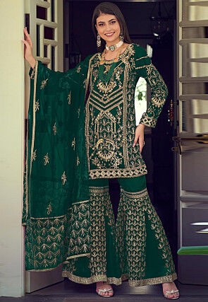 Embroidered Organza Pakistani Suit in Dark Green