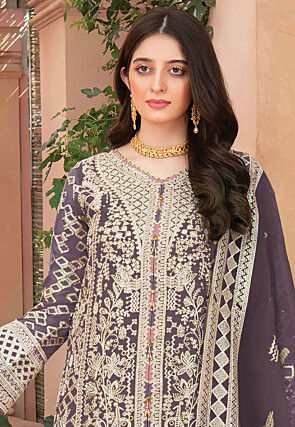 Embroidered Organza Pakistani Suit in Dark Purple