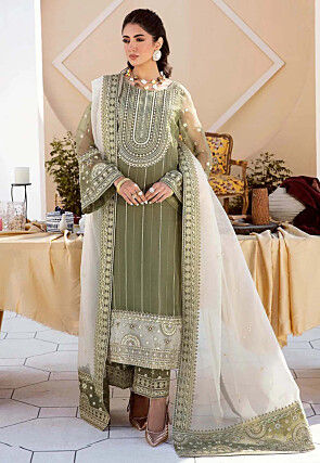 Embroidered Organza Pakistani Suit in Dusty Green