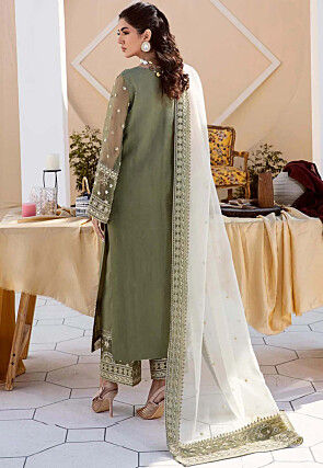 Embroidered Organza Pakistani Suit in Dusty Green