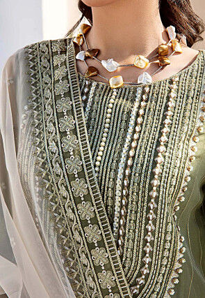 Embroidered Organza Pakistani Suit in Dusty Green