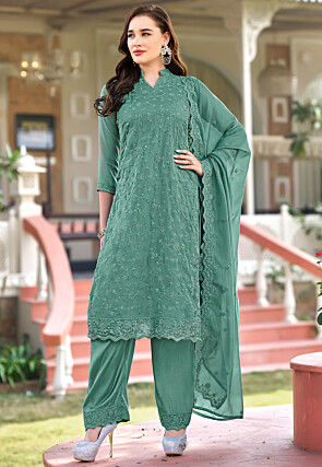 Embroidered Organza Pakistani Suit in Dusty Green