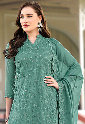 Embroidered Organza Pakistani Suit in Dusty Green