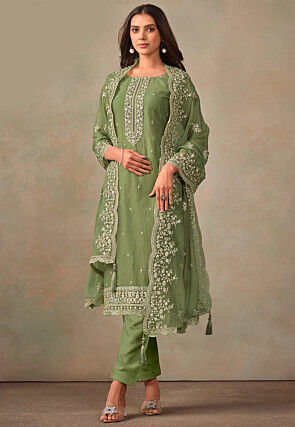 Embroidered Organza Pakistani Suit in Dusty Green