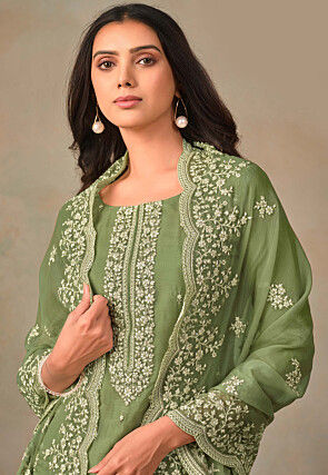 Embroidered Organza Pakistani Suit in Dusty Green
