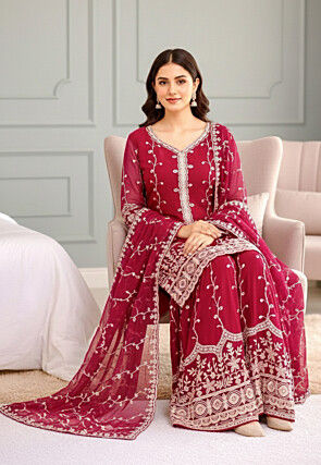 Embroidered Organza Pakistani Suit in Fuchsia