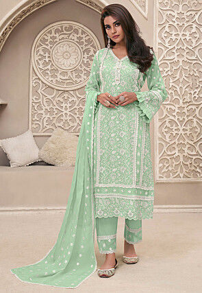Embroidered Organza Pakistani Suit in Green