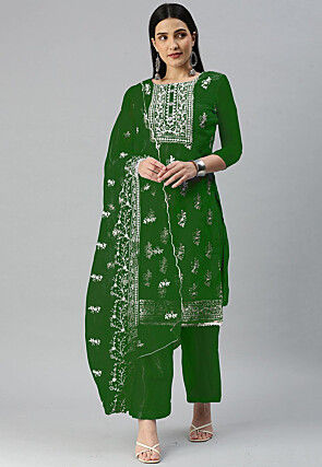 Embroidered Organza Pakistani Suit in Green