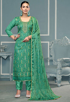 Embroidered Organza Pakistani Suit in Green