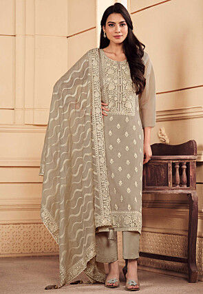Embroidered Organza Pakistani Suit in Grey