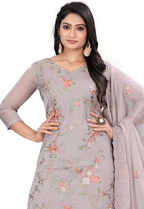 Embroidered Organza Pakistani Suit in Grey