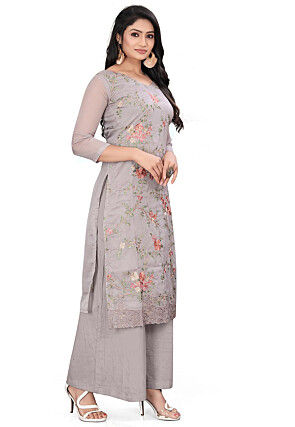 Embroidered Organza Pakistani Suit in Grey
