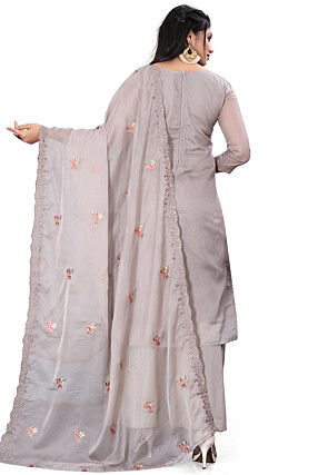 Embroidered Organza Pakistani Suit in Grey