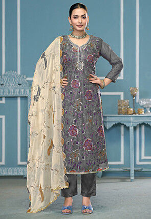 Embroidered Organza Pakistani Suit in Grey