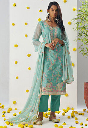 Embroidered Organza Pakistani Suit in Light Blue