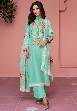 Embroidered Organza Pakistani Suit in Light Green