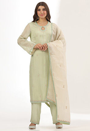Embroidered Organza Pakistani Suit in Light Green