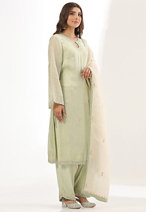 Embroidered Organza Pakistani Suit in Light Green