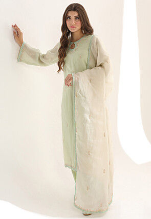 Embroidered Organza Pakistani Suit in Light Green