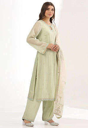 Embroidered Organza Pakistani Suit in Light Green