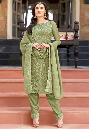 Embroidered Organza Pakistani Suit in Light Green