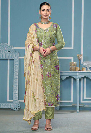 Embroidered Organza Pakistani Suit in Light Green